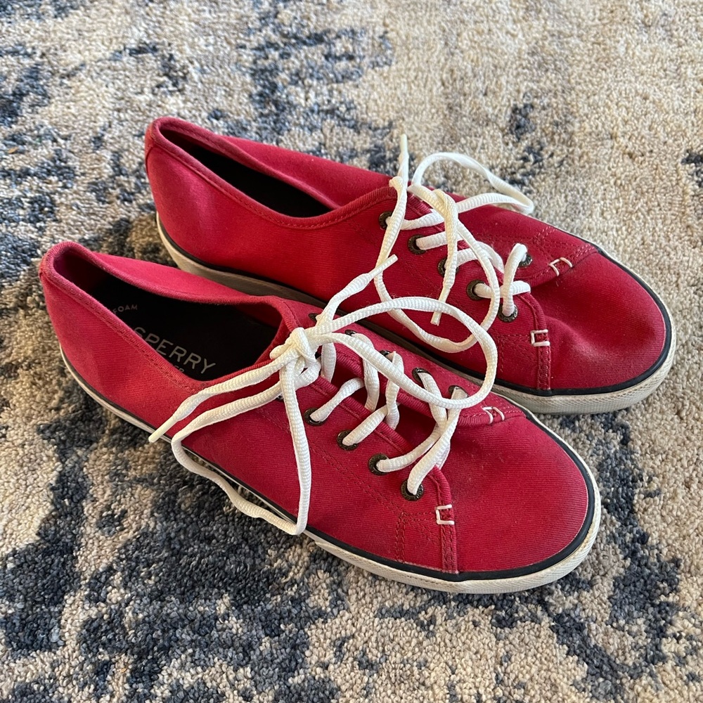 Sperry Shoes Womens 7.5 Top Sider Lace Up Sneakers Red Canvas Low Top
